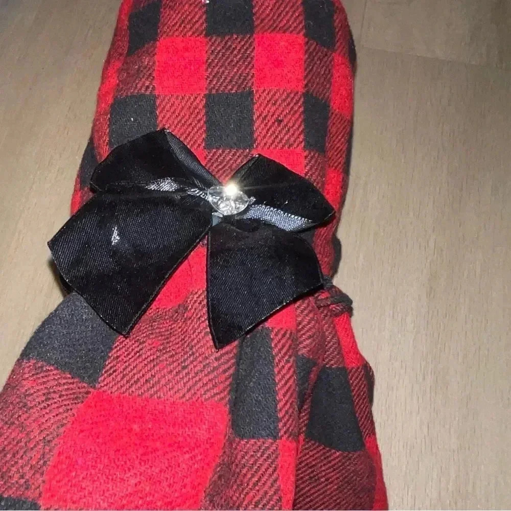 HOLIDAY DOG DRESS BUFFALO PLAID RUFFLE HEM W BIG BOW & GEMSTONE FOR SMALL DOG - Picture 8 of 12